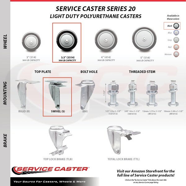Service Caster 3.5 Inch Black Polyurethane Wheel Swivel Top Plate Caster SCC-20S3514-PPUB-BLK-TP3 - main